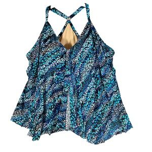 Swim365 Tankini Top Plus Size 42 Blue Mosaic Handkerchief Hem Cross Back Beach‎